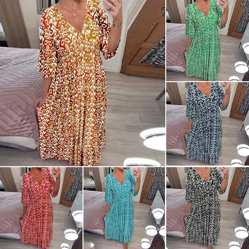 Casual Print V-Neck Waist Wrap Long Dress