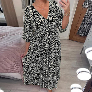 Casual Print V-Neck Waist Wrap Long Dress