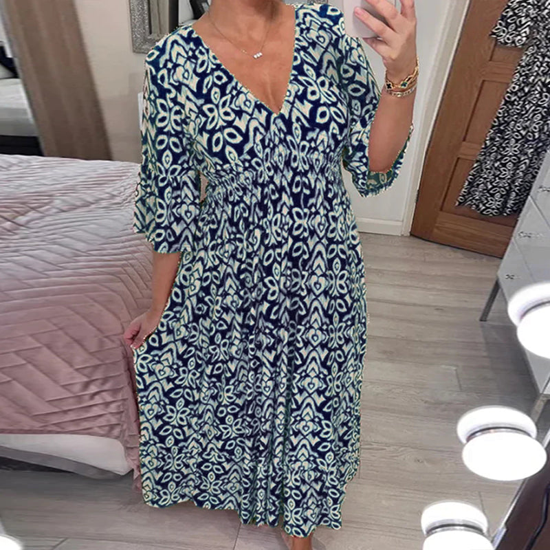 Casual Print V-Neck Waist Wrap Long Dress