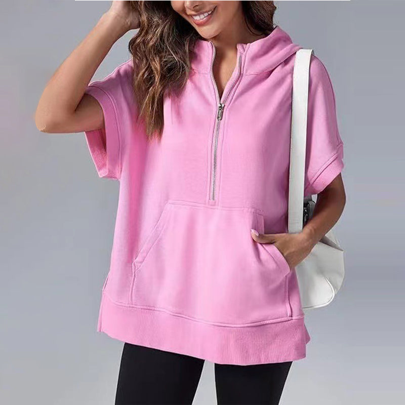 Oversized Casual Half Zip Short Sleeve Pullover Tops