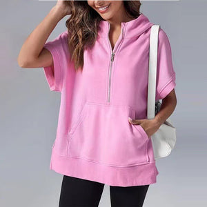 Oversized Casual Half Zip Short Sleeve Pullover Tops