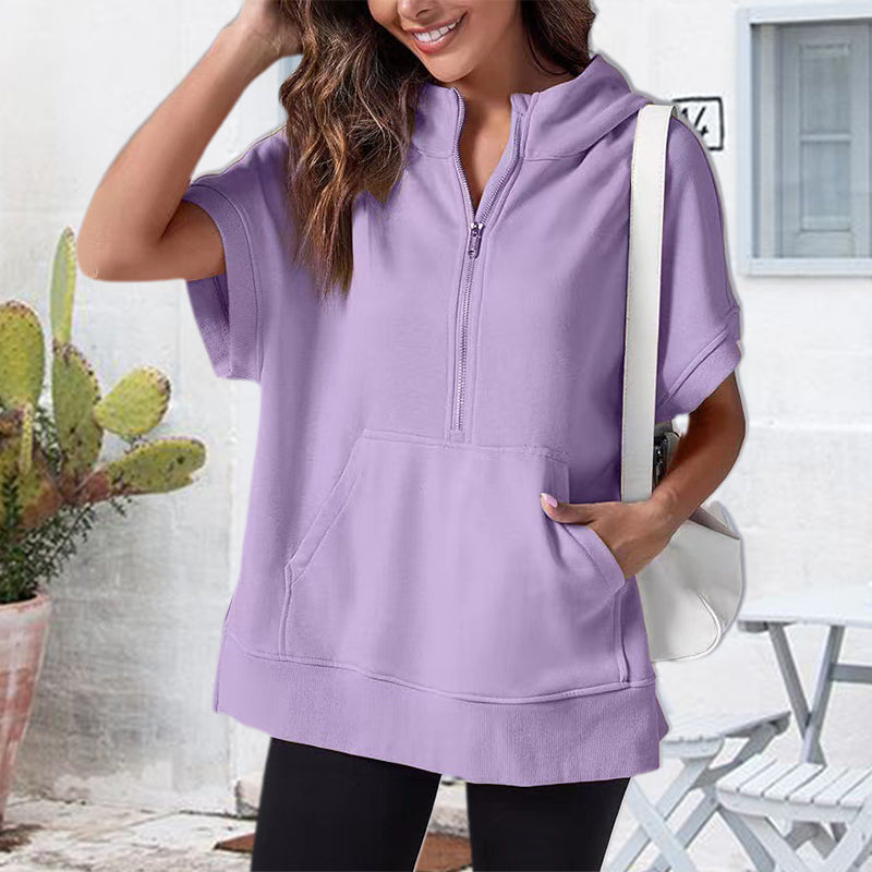 Oversized Casual Half Zip Short Sleeve Pullover Tops