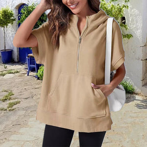 Oversized Casual Half Zip Short Sleeve Pullover Tops