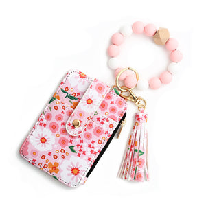 Floral leather small wallet with keychain and bracelet