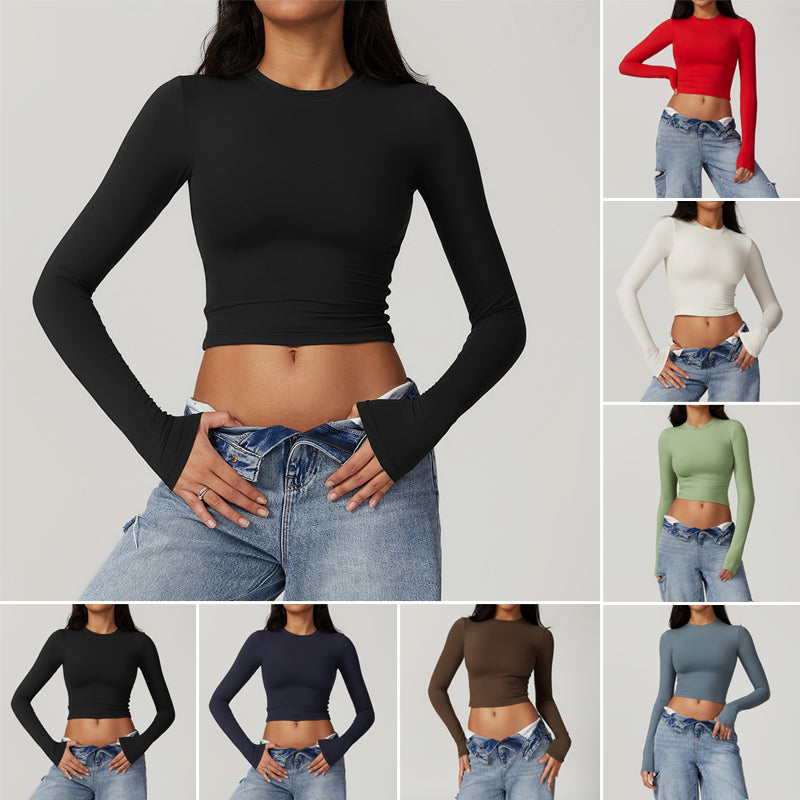 Quick Drying Long Sleeve Crew Neck Crop T-shirt