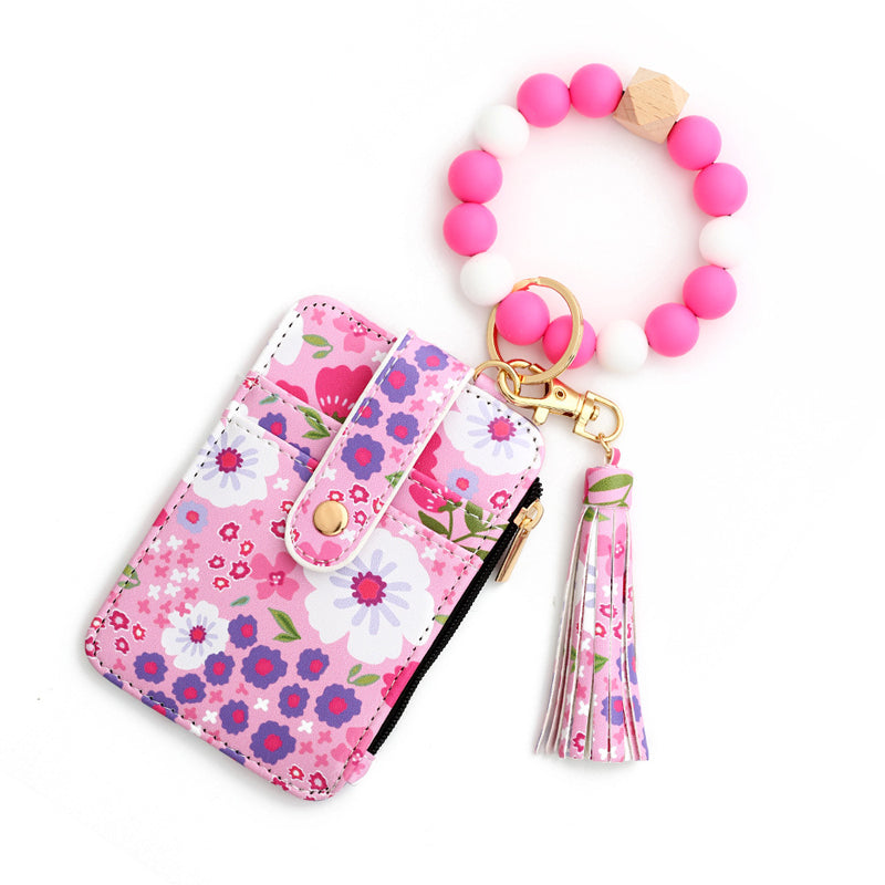 Floral leather small wallet with keychain and bracelet