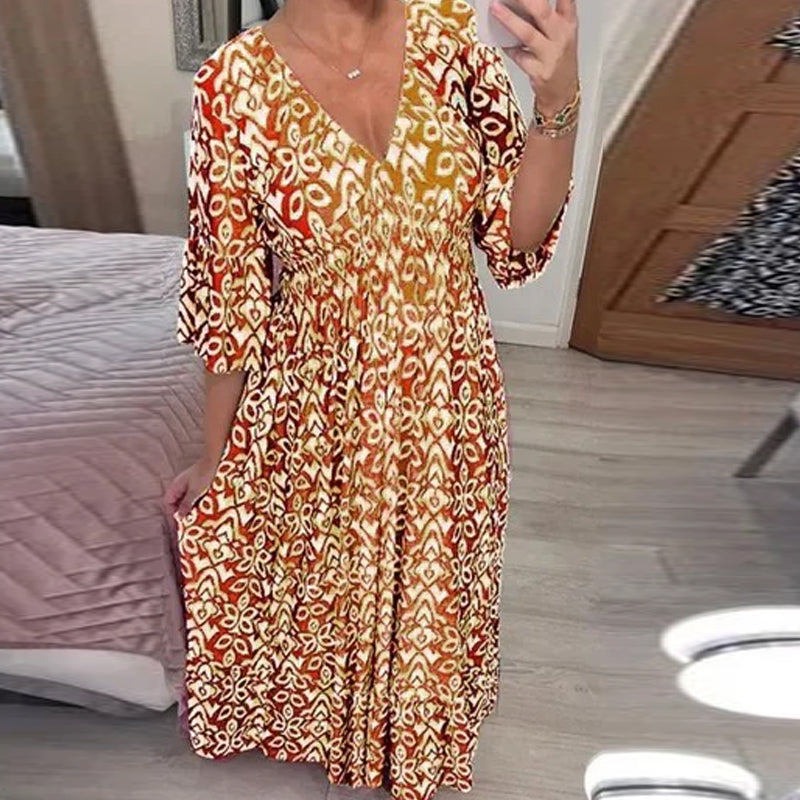 Casual Print V-Neck Waist Wrap Long Dress