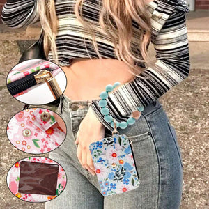 Floral leather small wallet with keychain and bracelet