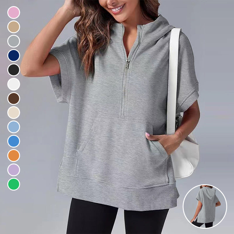 Oversized Casual Half Zip Short Sleeve Pullover Tops