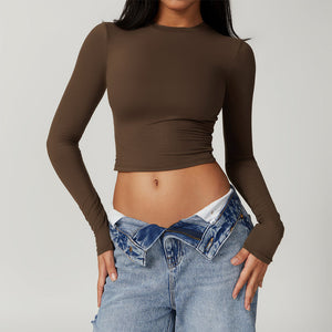 Quick Drying Long Sleeve Crew Neck Crop T-shirt