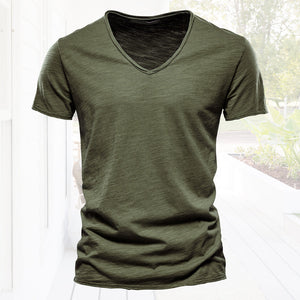 Plain Slub Cotton V-neck T-shirt