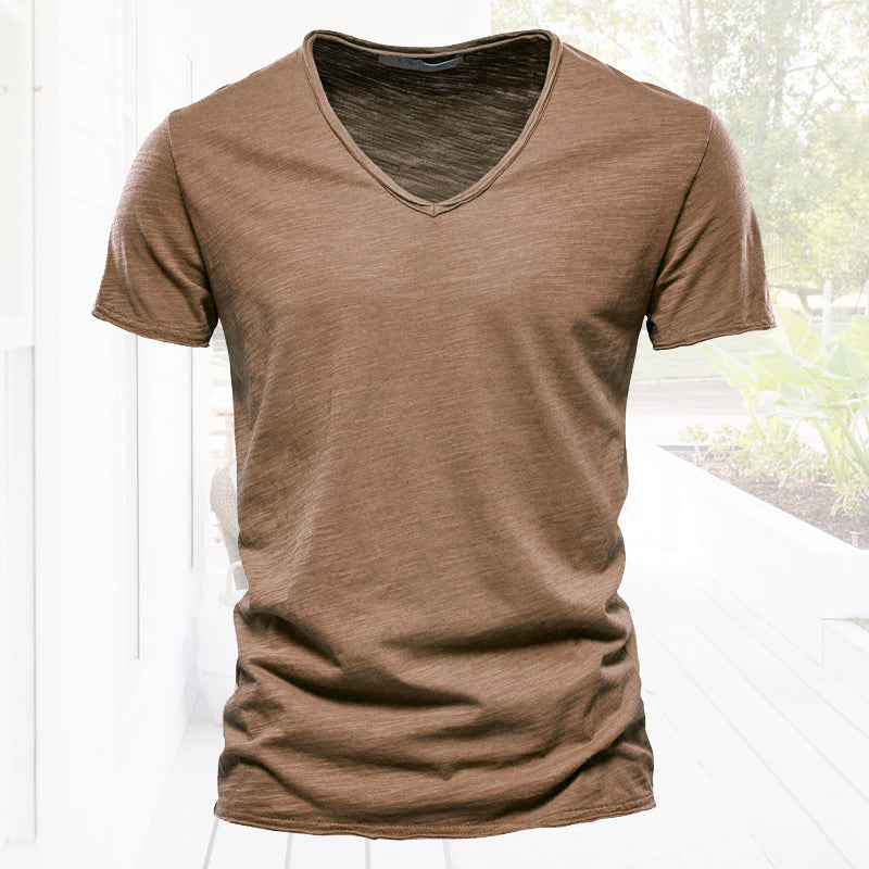 Plain Slub Cotton V-neck T-shirt