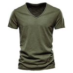 Plain Slub Cotton V-neck T-shirt