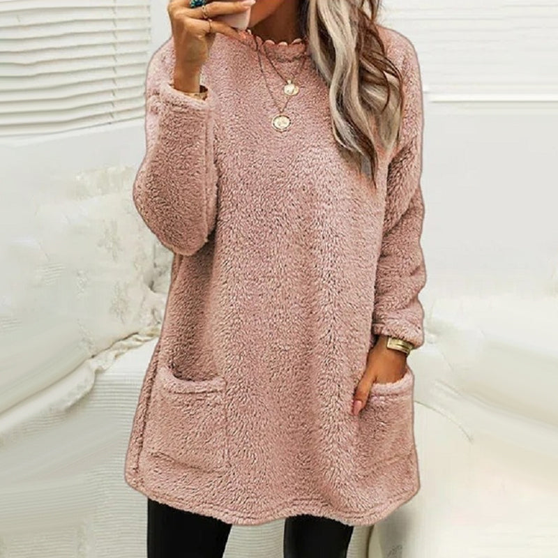 Pocket Crew Neck Casual Warm Long Sleeve T-Shirt Dress