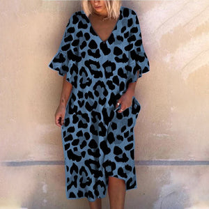 V-Neck Loose Dress With Leopard Print