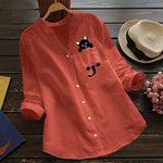 V-neck Cotton And Cat Print Long Sleeve Blouse