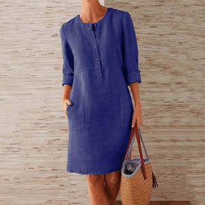 New Solid Color Cotton and Linen Dress