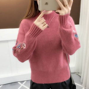 Knitted Floral Embroidery Thick Sweater