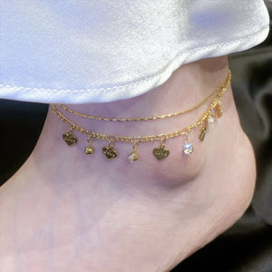 Double Layer Rhinestones Heart Anklet