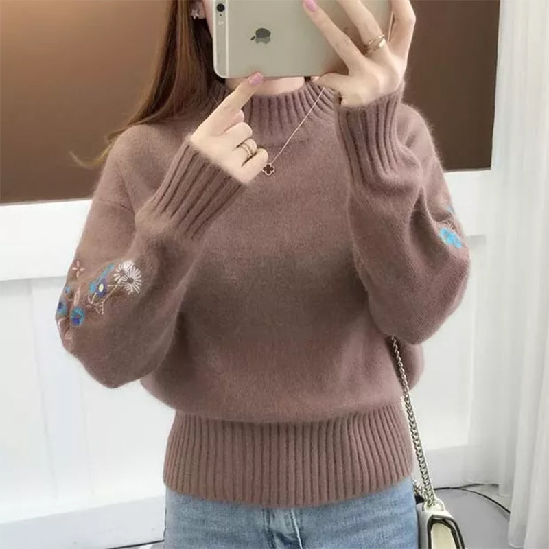 Knitted Floral Embroidery Thick Sweater