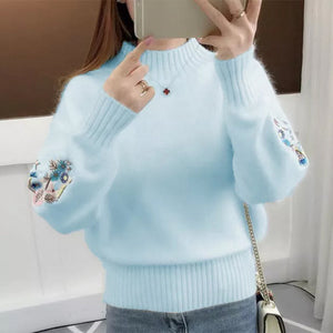 Knitted Floral Embroidery Thick Sweater