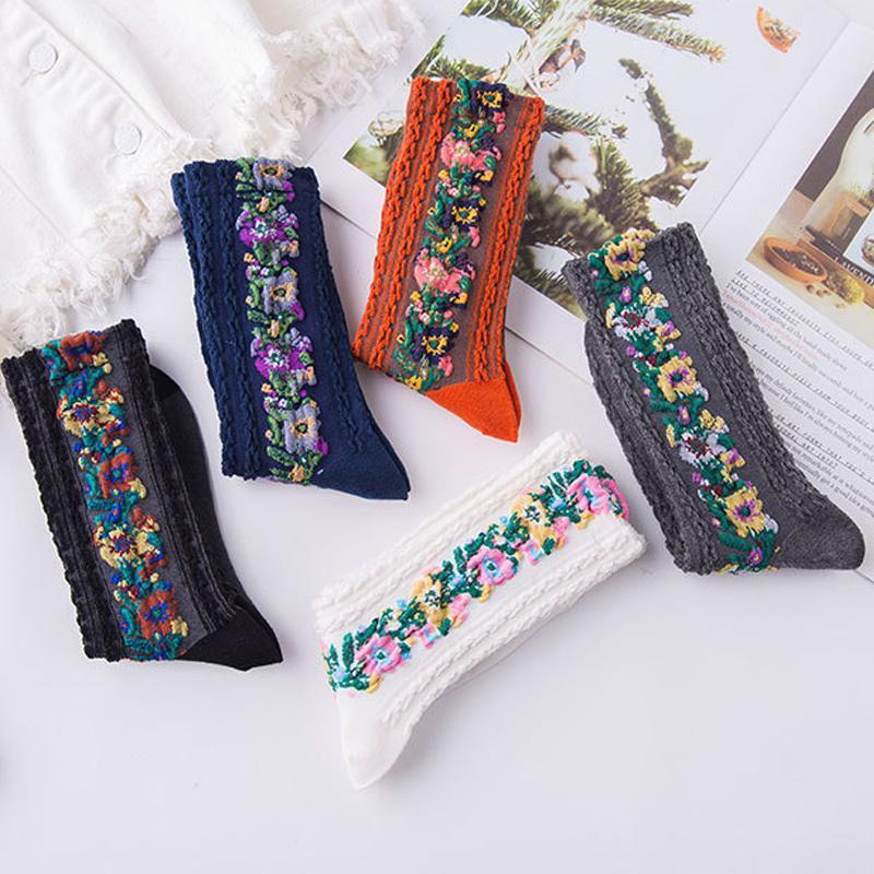 5 pairs Vintage Embroidered Floral Socks