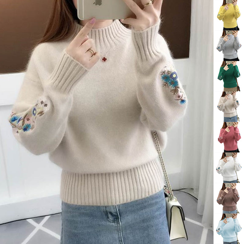 Knitted Floral Embroidery Thick Sweater