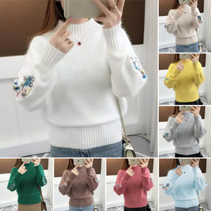 Knitted Floral Embroidery Thick Sweater