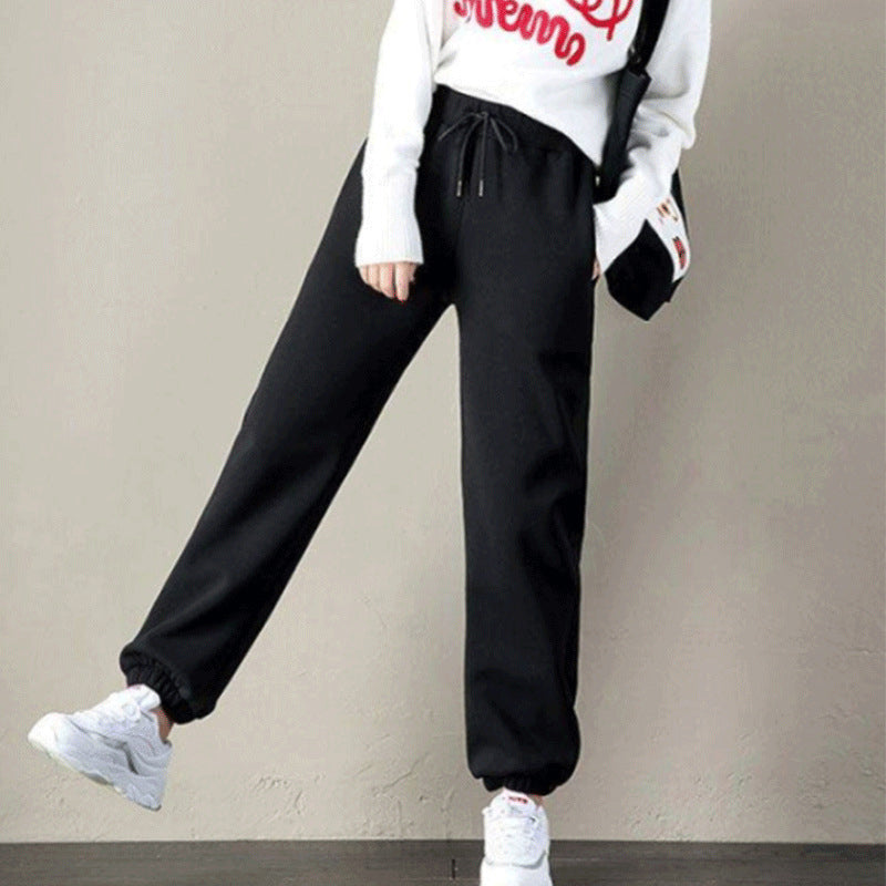 Women Warm Fleece Cotton Round Neck Solid Joggers Sweatpants